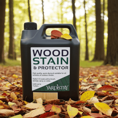 Yardistry Wood Stain and Protector 5 Litre container on autumn leaves in a forest setting.