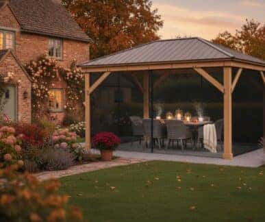 Wooden Yardistry gazebo with dining set and candles in a landscaped garden at sunset, with mesh curtains around all sides.