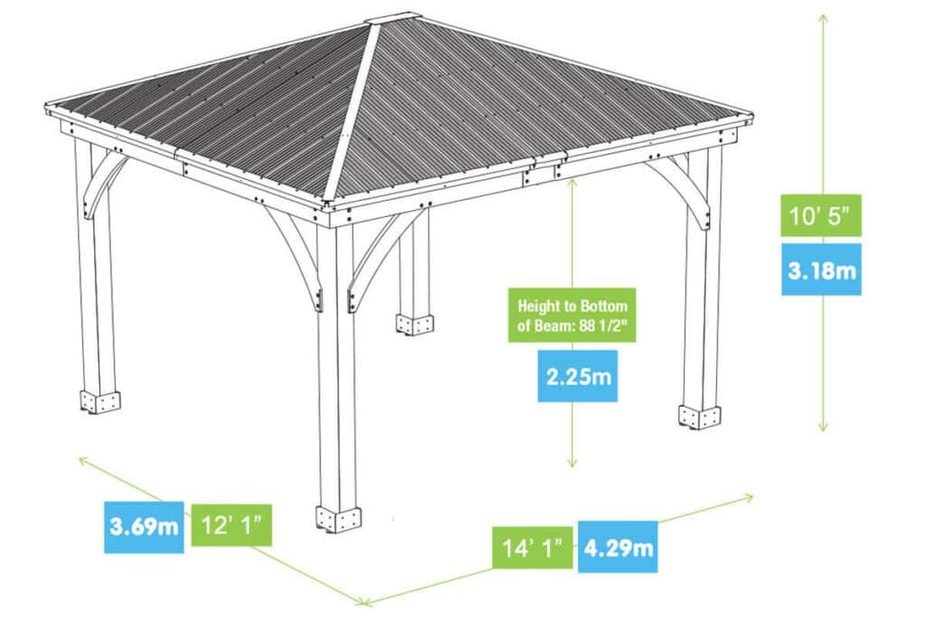 Diagram of a wooden gazebo with a pitched roof showing dimensions in metric and imperial units: 3.18 m (10' 5") height, 2.25 m (88 ½") beam height, 3.69 m (12' 1") width, and 4.29 m (14' 1") length.