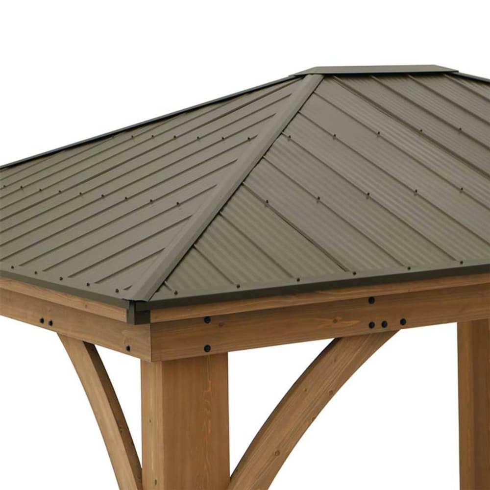 Close-up of a pitched metal gazebo roof with diagonal corrugated panels and black fasteners, supported by a timber frame with decorative braces.