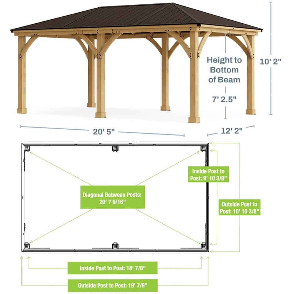 Wooden garden gazebo with metal roof and detailed measurement diagram