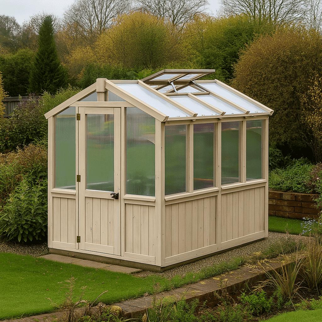 Compact wooden greenhouse with gabled roof in a landscaped garden, surrounded by grass, shrubs, and trees.