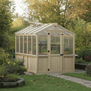 Light-colored wooden greenhouse with transparent panels and a gabled roof, featuring double doors with black hinges, set in a landscaped garden with a stone pathway, green lawn, and autumn trees in the background.