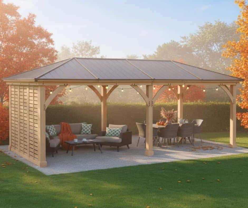 Wooden gazebo with a metal pitched roof and string lights, featuring a lounge area with cushioned chairs and a dining setup with table and chairs, set in a landscaped garden with autumn foliage.