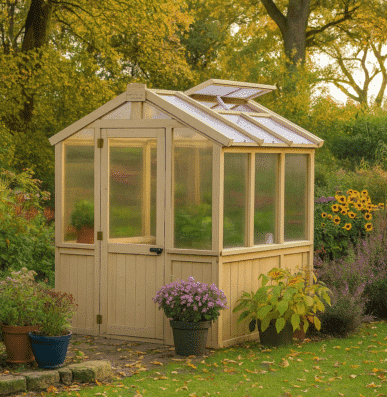 Wooden greenhouse in a lush autumn garden, surrounded by blooming flowers and vibrant foliage.
