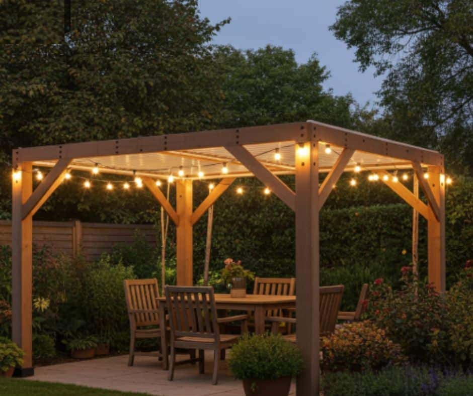 Wooden pergola with string lights and a flat roof, featuring a dining table with wooden chairs on a paved patio, surrounded by lush greenery and flowering plants in a garden setting at dusk.