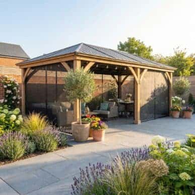 Yardistry Wooden Gazebo 12ft x 24ft (3.7m x 7.3m) with Mesh Curtains 3.7m x 7.4m Wooden Gazebo yardistrydirect.co.uk 1