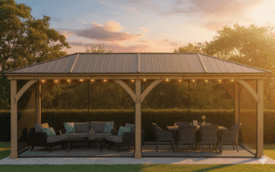 Wooden gazebo with a metal roof and string lights, featuring a sectional sofa with patterned cushions and a dining table with six wicker chairs, set on a concrete patio surrounded by lawn, hedge, and trees at sunset.