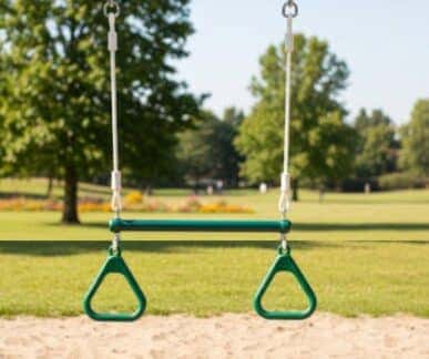 Playground trapeze bar with two triangular rings hanging from ropes, set against a grassy park with trees and people in the background.