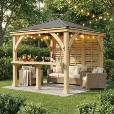 Yardistry Wooden Gazebo 10ft x 10ft (3m x 3m) with Wall & Wooden Shelf 100% Cedar Wooden Shelf yardistrydirect.co.uk 1
