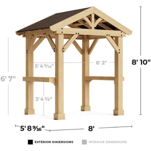 3D diagram of a wooden grill gazebo showing height, width, and depth dimensions for installation reference
