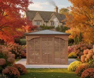 Wooden gazebo with a dark metal roof and slatted walls, surrounded by autumn foliage, flowering hydrangeas, and a stone house with chimneys in the background.