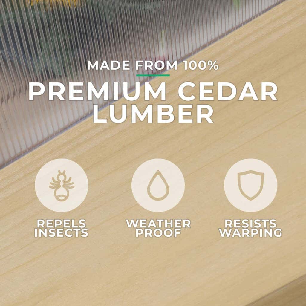 Close-up of cedar wood texture with bold text reading “Made from 100% Premium Cedar Lumber,” accompanied by icons for insect repellence, weatherproofing, and warp resistance.