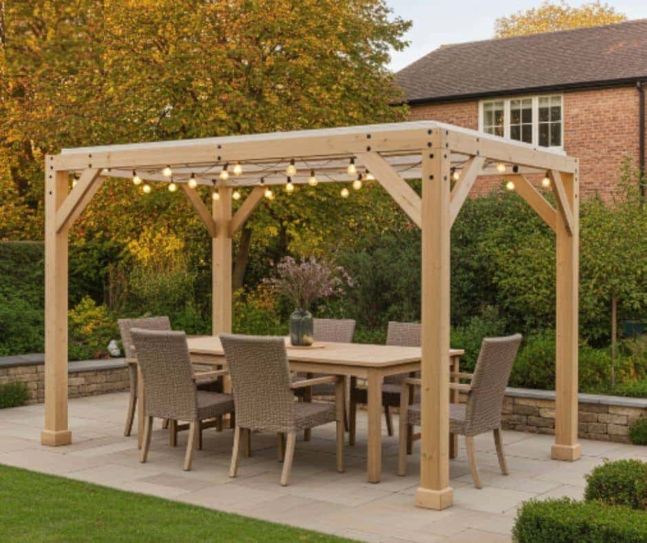 Wooden pergola with string lights hanging from the beams, sheltering a rectangular dining table with six wicker-style chairs and a vase of flowers, set on a stone patio in a landscaped garden with autumn trees and a brick house in the background.
