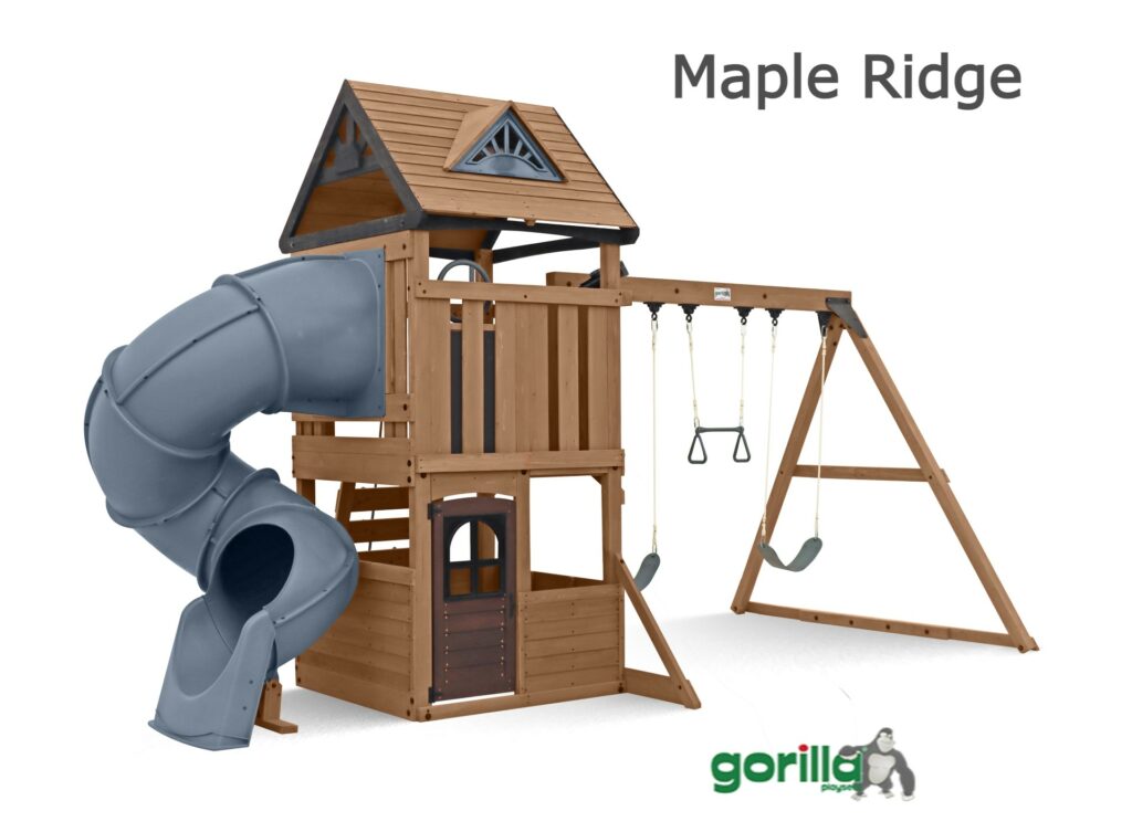 This is a product image displaying a large, residential wooden swing set and play structure called "Maple Ridge". It is very similar in design to the previous one, but with a different slide feature.

Key Features:
Play Structure (Fort): The central fort is a two-level wooden structure, primarily constructed from stained wood.

The upper level features wooden railings and is topped with a decorative roof that has dark brown shingles and a triangular vent/window.

The lower level appears to be an enclosed playhouse area with a small door featuring dark wood planking.

Slide: A prominent feature is the grey/blue, enclosed tube slide that spirals down from the upper level of the fort to the side.

Swing Beam: An angled A-frame swing beam is attached to the main fort structure.

It supports two standard belt swings and a trapeze bar with hand grips.

Materials and Style: The structure has a natural, stained wood finish, utilising varying shades of brown for the components.

Branding: The name "Maple Ridge" is shown in large text at the top right of the image. The logo for "gorilla play sets" is visible in the bottom right corner.