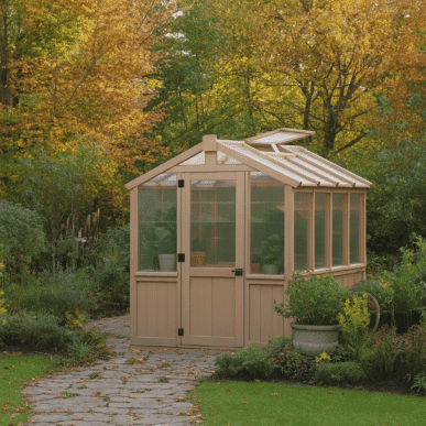 Light-colored wooden greenhouse with transparent panels and a gabled roof, set in a landscaped garden with a stone pathway, surrounded by lush greenery, flowering plants, and trees with autumn foliage.