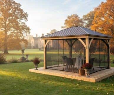 Wooden gazebo with mesh curtain screens and an aluminium roof on a raised deck platform, set in a landscaped garden with red flowers and autumn trees, on a country estate with a mansion in the background.