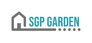 SGP GARDEN logo with turquoise text, stylized house graphic, and horizontal line ending in five dots.