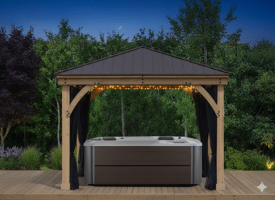 Modern hot tub under a wooden gazebo with a dark metal roof, string lights, and black curtains, set on a wooden deck surrounded by lush greenery and trees at twilight with a crescent moon in the sky.