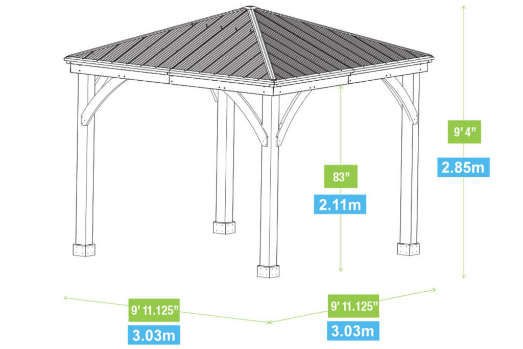 Architectural drawing of a square garden gazebo with pitched roof and support braces, including full height and width measurements.