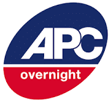 Sign reading APC Overnight logo featuring a blue and red oval design.