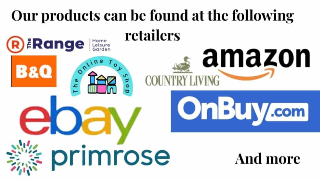 Promotional graphic listing retailer logos including The Range, B&Q, Amazon, eBay, Country Living, Primrose, OnBuy.com, and The Online Toy Shop, with the headline “Our products can be found at the following retailers.”