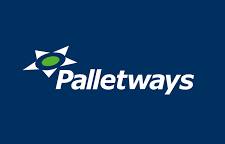 Palletways logo featuring a green oval with white arrow shapes and bold white text on a dark blue background.