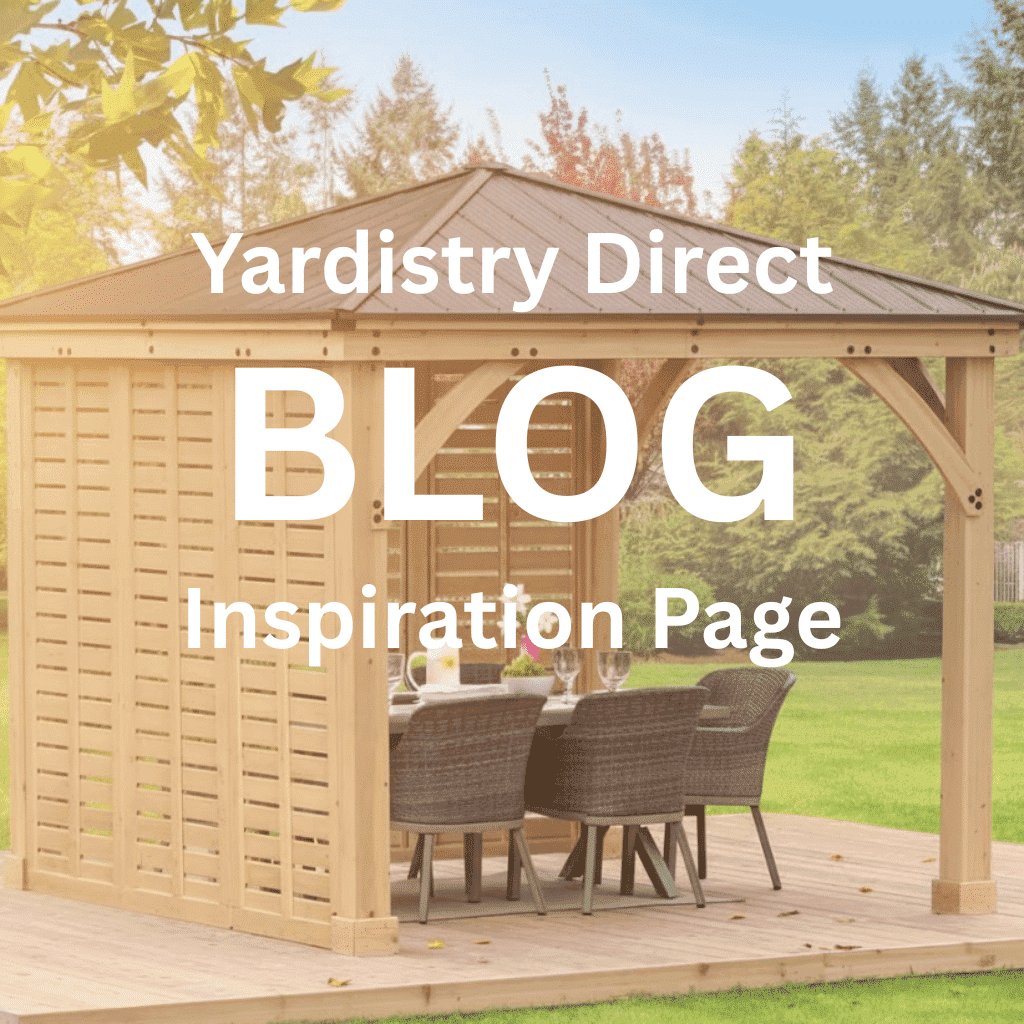 Wooden Yardistry gazebo with dining setup in a landscaped garden, promoting the Yardistry Direct Blog Inspiration Page.