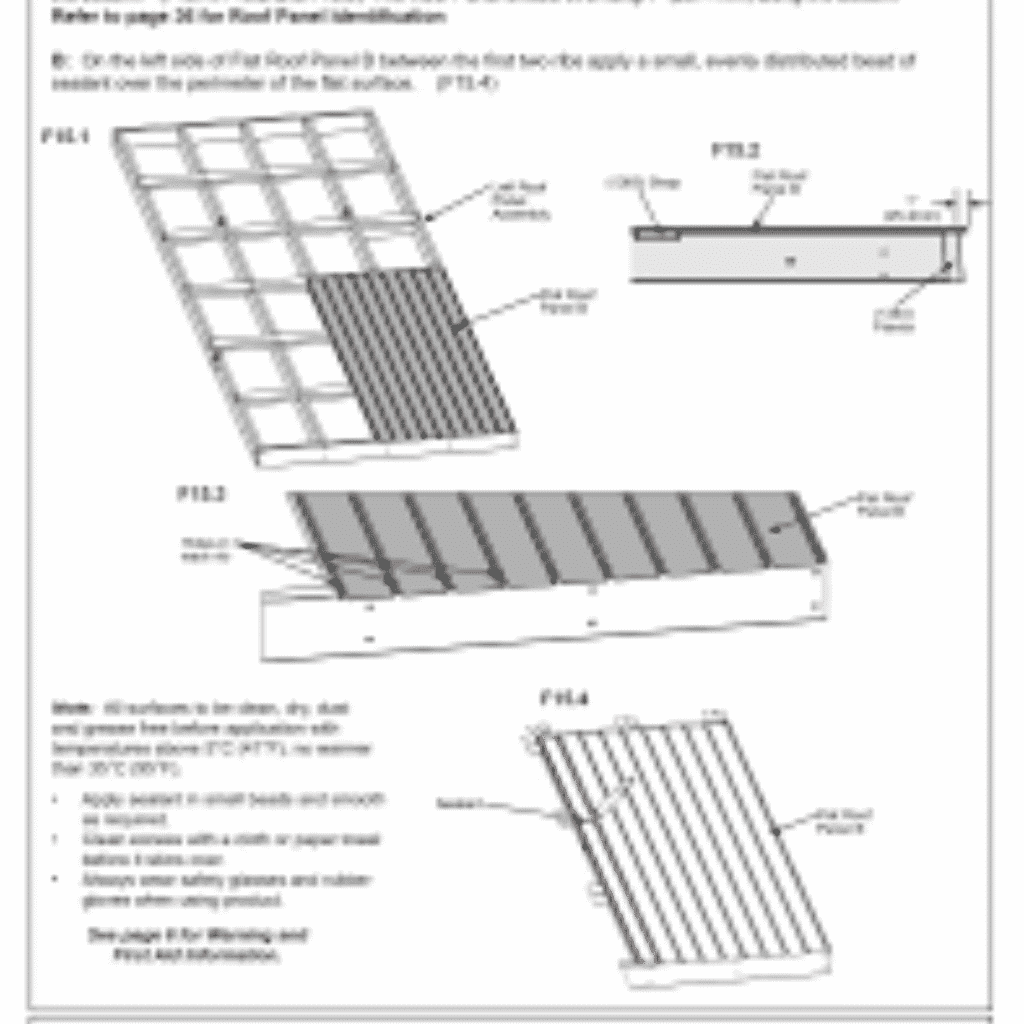 Step-by-step diagrams showing how to apply resin between roof panels for secure overlap, featuring labeled illustrations and application instructions.