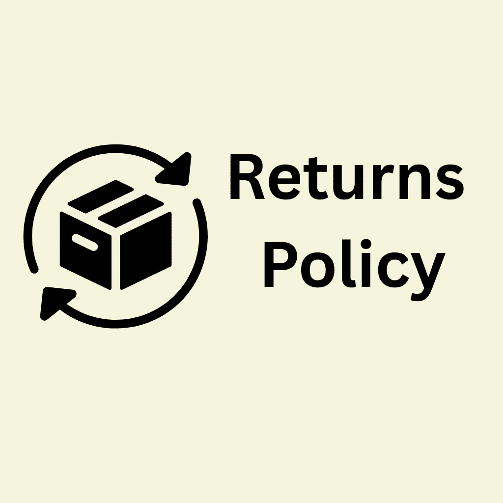 Returns policy icon showing a box with circular arrows and bold text, symbolizing item returns or exchanges