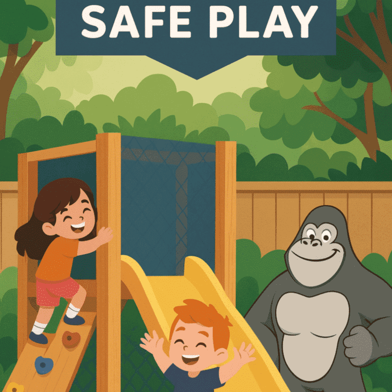 Cartoon-style illustration of a backyard play zone with two children playing on a wooden climbing wall and yellow slide. A friendly gorilla mascot stands nearby, smiling with one arm extended. The playset includes mesh safety panels, and the scene is surrounded by lush greenery. A banner at the top reads “SAFE PLAY” in bold white letters on a dark blue background.