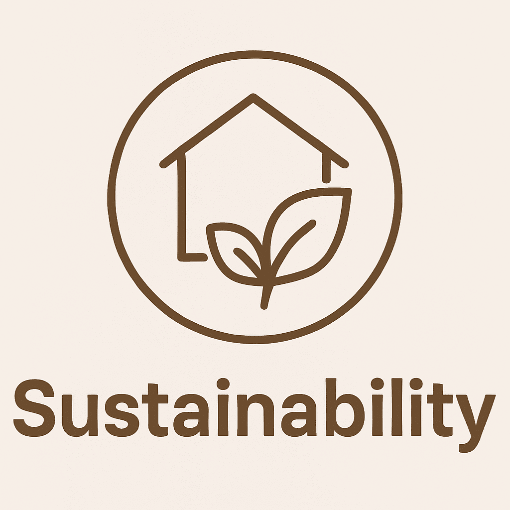 Minimalist sustainability icon showing a house outline with a leaf symbol, representing Yardistry’s eco-friendly and responsible sourcing commitment.