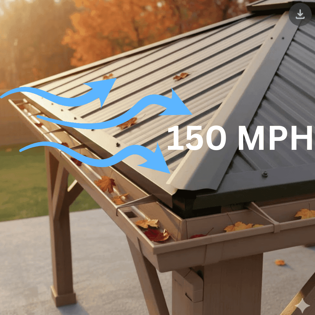 Close-up of a metal-roofed garden structure with autumn leaves and wind flow arrows, highlighting 150 MPH wind resistance.