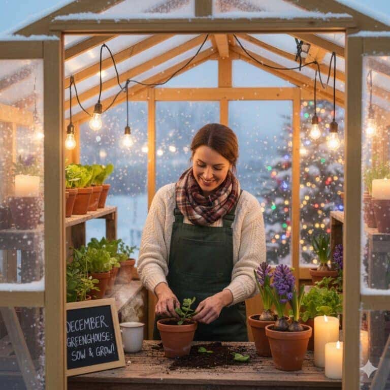 This image is a warm, inviting scene viewed through the open doors of a wooden-framed greenhouse during a snowy evening. The Interior: A woman is the central focus, standing behind a rustic wooden potting bench. She is smiling and appears engaged in gardening, carefully planting a small green seedling into a terracotta pot with her gloved hands. She is dressed warmly in a cream-colored knitted sweater, a dark green apron, and a plaid scarf. The potting bench is decorated for the season: A steaming mug sits next to a small chalkboard sign that reads, "DECEMBER GREENHOUSE: SOW & GROW!" Several terracotta pots are on the bench, including some with flowering purple hyacinths (bulbs visible) and a cluster of lit pillar candles, adding a cozy glow. To the left, multi-tiered wooden shelves are filled with rows of terracotta pots containing various healthy winter crops and herbs, such as leafy greens. The Exterior: The view through the greenhouse panels shows heavy snow falling outside, creating a soft, misty background. Adding to the festive atmosphere, a tall, blurred Christmas tree adorned with colourful lights is visible just beyond the glass. The greenhouse rafters are strung with warm, exposed bulb lights, which reflect softly off the windows and enhance the scene's cozy ambiance. The overall feeling is one of peace, domesticity, and purposeful gardening activity contrasting with the cold, festive winter night.