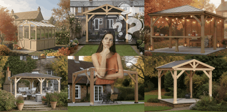 Collage of six Yardistry outdoor structures including gazebos, pergolas, and a greenhouse in UK garden settings.