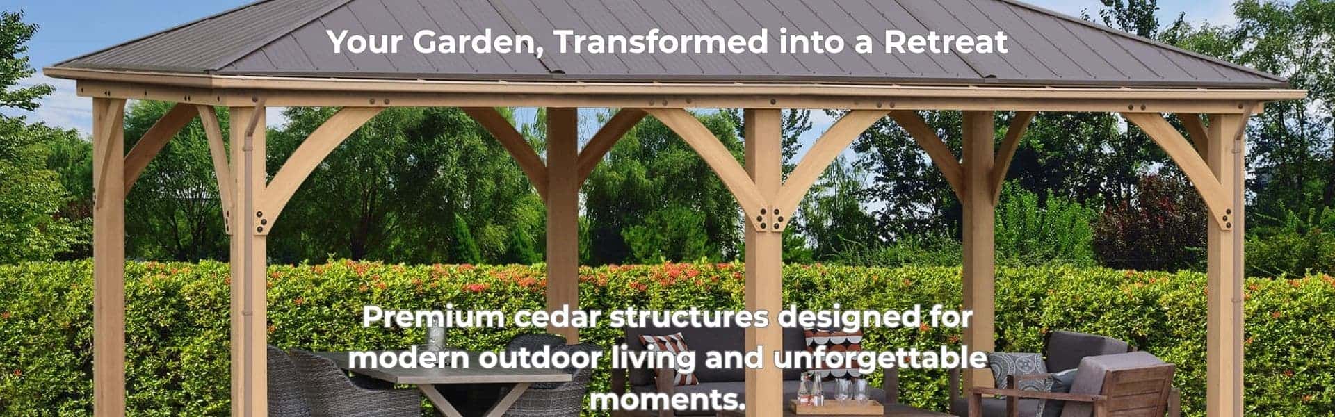 Premium cedar garden gazebo with metal roof, outdoor seating area, and surrounding greenery in a landscaped garden.